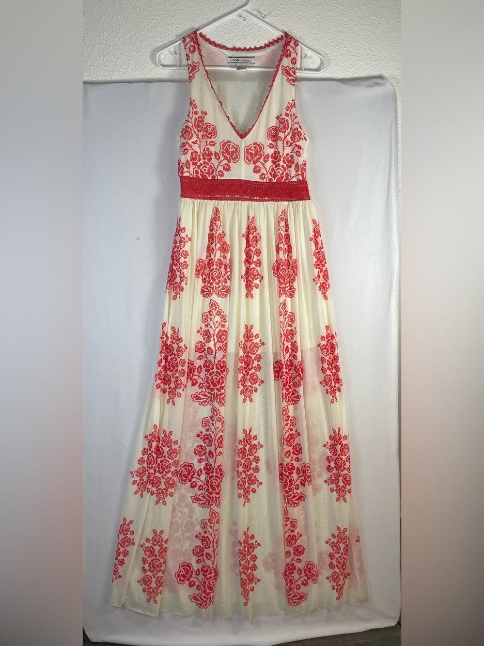Flying Tomato Cream Maxi Dress with Red Floral Print and Smocked Waistband